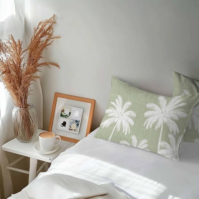 Lumbar Pillow Covers 20x12 Inch Set of 2, Sage Green Palm Trees Waterproof Outdoor Pillow Covers, Farmhouse Tropical Summer Beach Decorative Cushion Pillowcases for Couch, Sofa, Bed, Garden, Patio