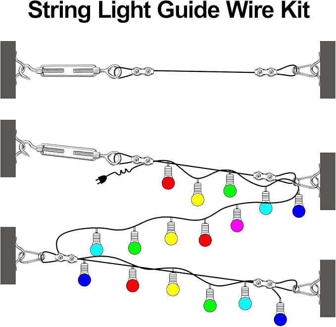 BLIKA String Light Hanging Kits, 300FT Coated Stainless Steel 304 Wire Rope | Outdoor Light Guide Wire, Globe String Light Suspension Kit Included Turnbuckles, Enough Accessories, Use Manual