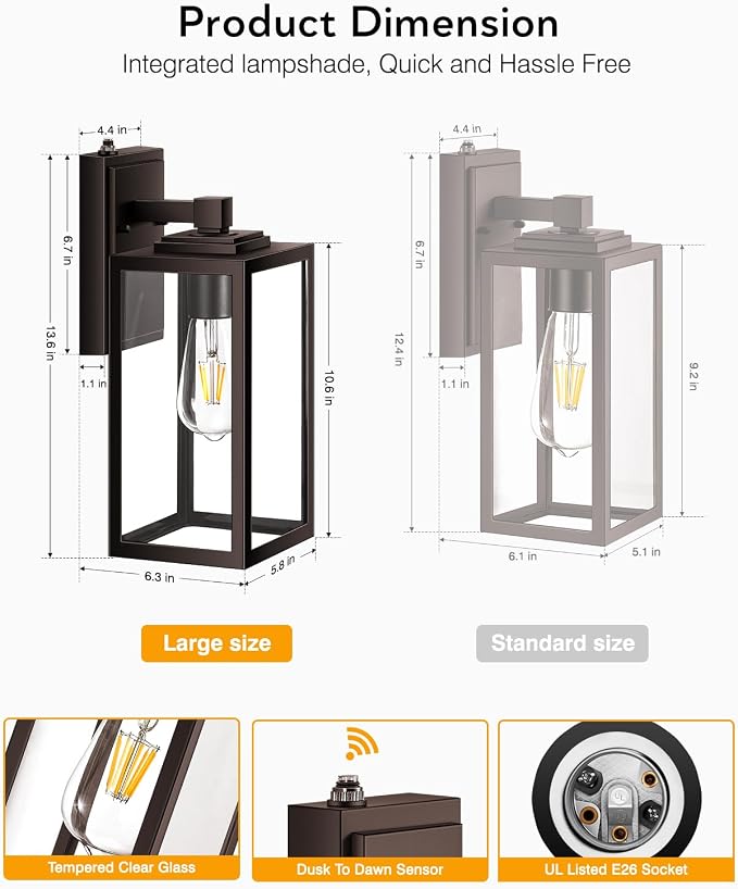 VIANIS 2 Pack Large Dusk to Dawn Exterior Garage Lighting Fixtures, Oil Rubbed Bronze Porch Lights Outdoor Wall Sconce Lantern, Modern Outside House Lights Wall Mount for Front Door, Coach