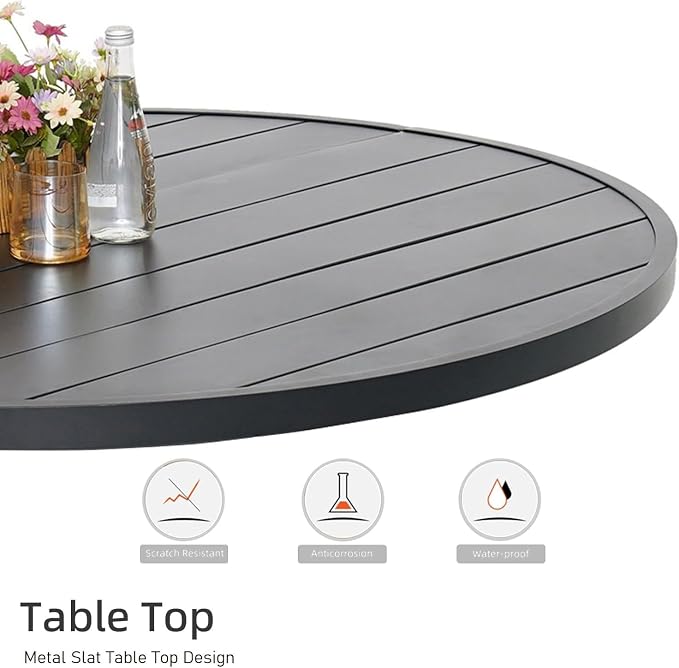 Patio Dining Table for 4,Steel Slatted Round Outdoor Table with Adjustable Umbrella Hole,48",Black