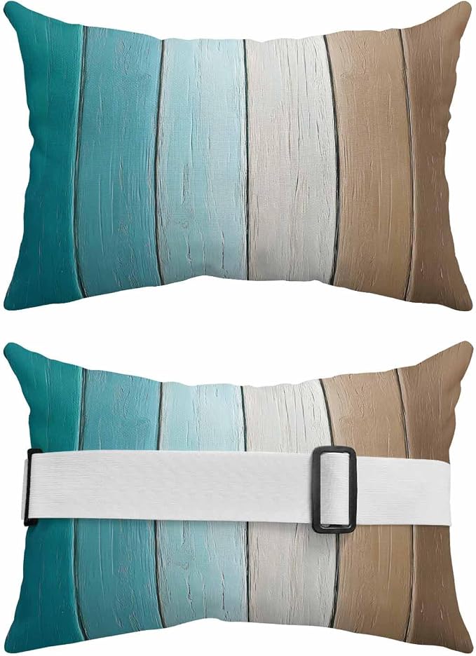 Aqua Brown Ombre Outdoor Pillows for Chaise Lounge Chair Beach Headrest Pillow Set of 2 Waterproof Lumbar Pillows with Insert&Strap Vintage Country Wooden Recliner Neck Pillow for Patio Pool 11"x16"