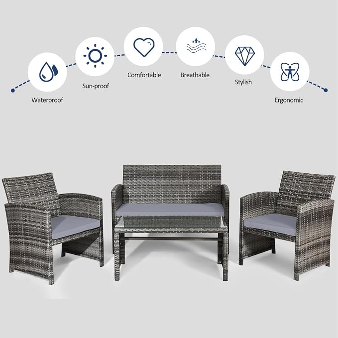 HAPPYGRILL 4 Pieces Rattan Patio Conversation Set with Soft Cushions, Outdoor Furniture Set with PE Wicker Coffee Table & Sofa Chairs for Garden Poolside Porch Backyard