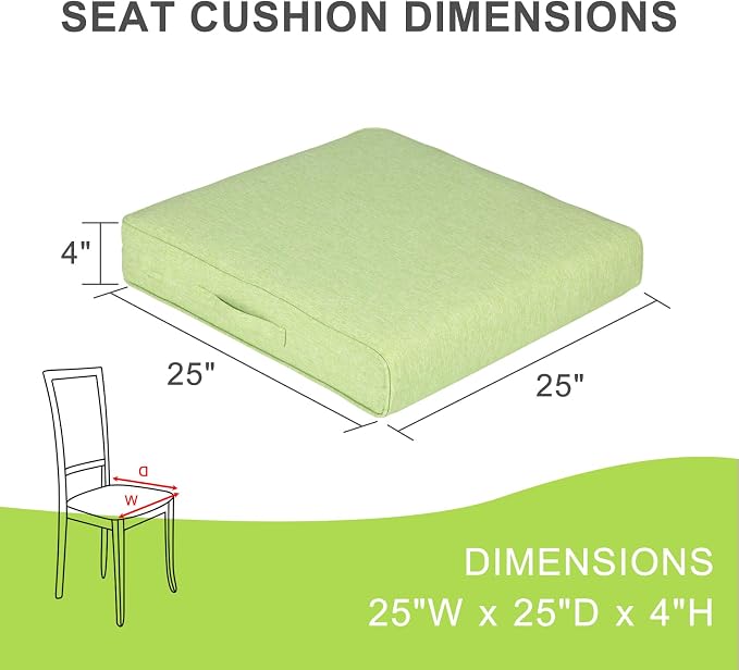Aoodor Patio Chair Cushions Set of 2, 25 x 25 x 4 Inch Water Resistant Outdoor Seat Cushions with Handle and Ties, Square Corner Cushions for Patio Furniture Garden Lawn, Green