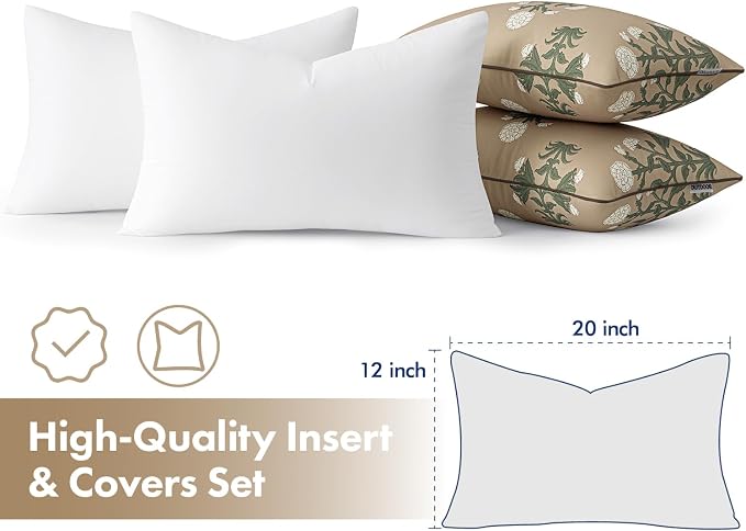 MIULEE Floral Outdoor Lumbar Pillow Covers with Inserts 12x20 Brown | Set of 2 Waterproof Decorative Throw Pillows with Piping,Vintage Fade Resistant, Patio Furniture Summer Garden Couch Sofa