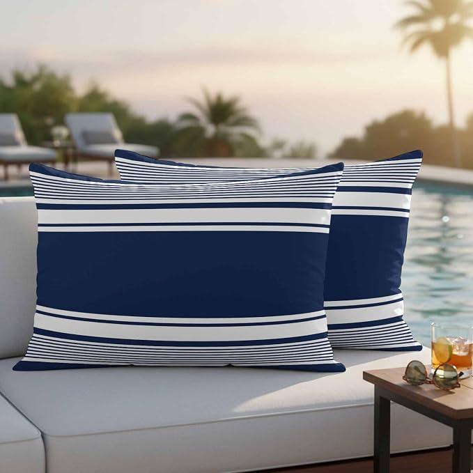 Vandarllin Outdoor Throw Pillows Covers 20x12 inch Set of 2 Waterproof Navy Blue Stripes Decorative Zippered Cushion Covers for Patio Furniture, Striped Lines Lumbar Pillowcases