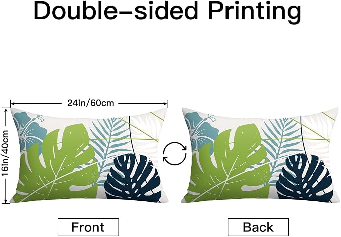OTOSTAR Outdoor Waterproof Throw Pillow Covers 16x24 Inch Set of 2 Double-Sided Light Green Blue Tropical Leaf and Flower Spring Summer Decorative Pillow Cases for Patio Funiture Garden Balcony Couch