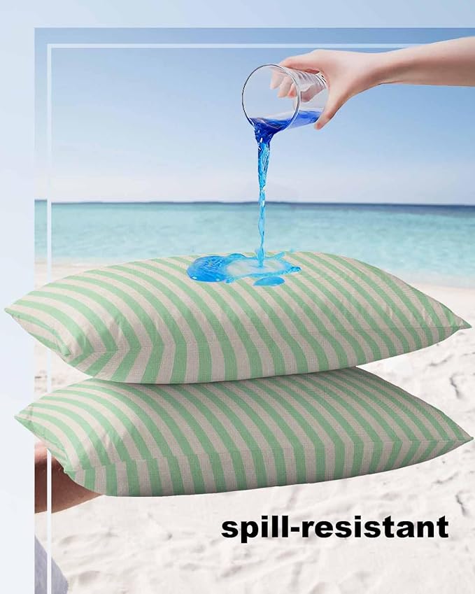 Outdoor Waterproof Throw Pillow Covers Set of 2 Green Stripes Lumbar Pillowcases 20x12 Inches Linen Classic Vertical Striped Patio Decorative Pillows Cushion Case Patio Pillows for Couch Bed Garden