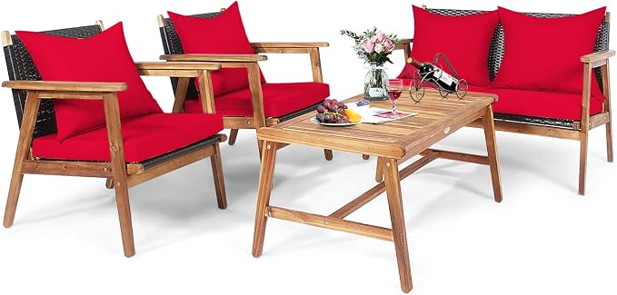 HAPPYGRILL 4PCS Outdoor Rattan Sofa Set Acacia Wood Frame Conversation Set with Coffee Table, Sectional Furniture Set with Cushions for Backyard Porch Garden Poolside Balcony