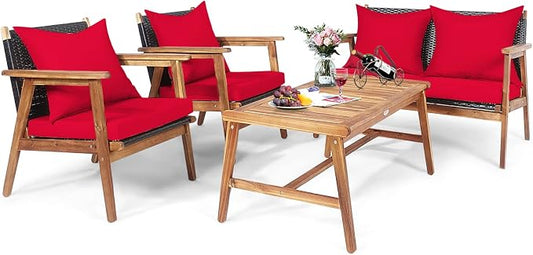 HAPPYGRILL 4PCS Outdoor Rattan Sofa Set Acacia Wood Frame Conversation Set with Coffee Table, Sectional Furniture Set with Cushions for Backyard Porch Garden Poolside Balcony