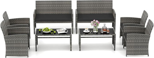 HAPPYGRILL 8 Piece Rattan Wicker Patio Conversation Set, Outdoor Furniture with Chair Loveseat Table & Cushion, for Backyard Porch Balcony (2, Black)