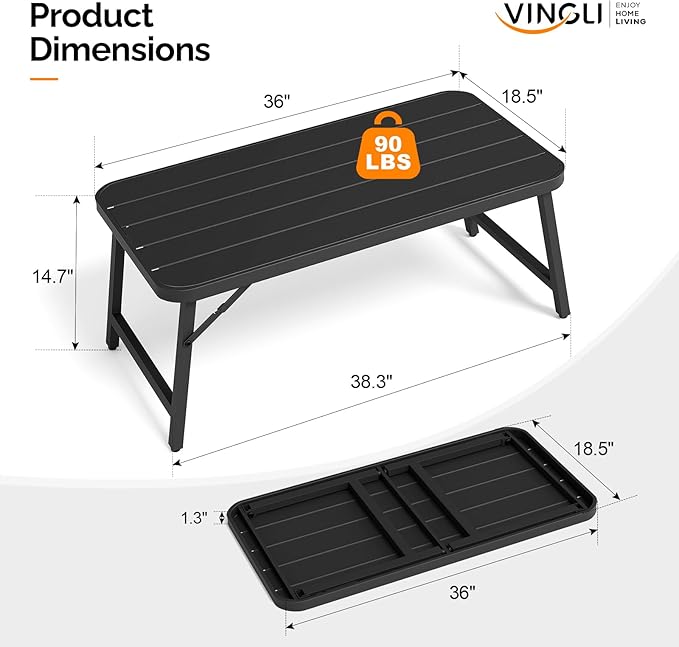 VINGLI Outdoor Folding Coffee Table, Rectangle Drainable Iron Patio Table for Balcony, Porch, and Living Room, Black