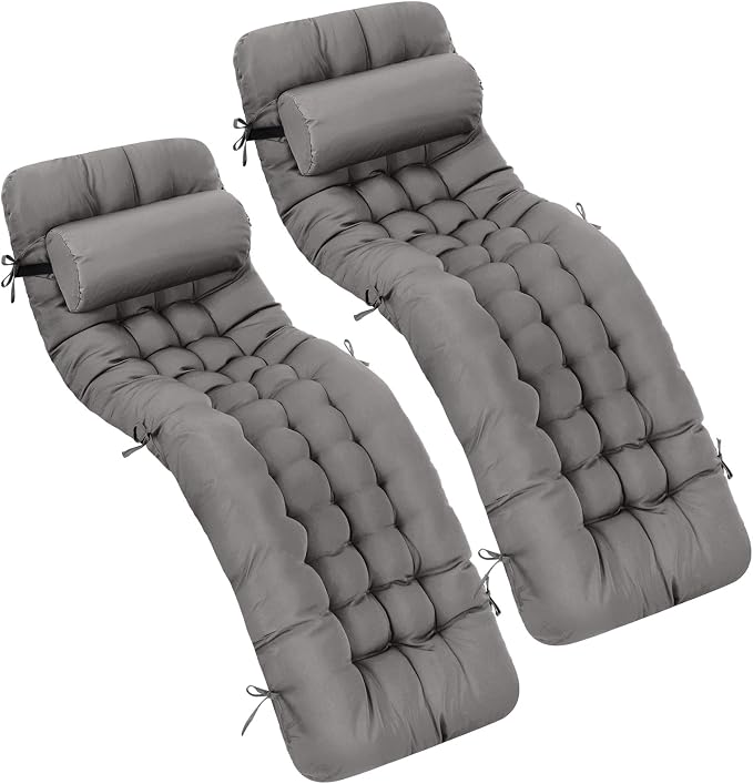 Tudomro Outdoor Chaise Lounge Cushion 66x21x4'' Waterproof & Fade-Resistant Patio Pool Chaise Lounge Cushion Headrest Pillow Tie Replacement Rocking High Back Chair(Dark Gray,Set of 2)