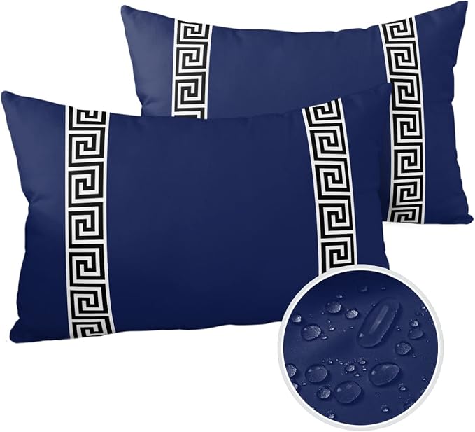 Funy Decor Waterproof Outdoor Throw Pillow Cover Geometric Greek Key Design Lumbar Pillowcases Set of 2 Navy Blue Decorative Patio Furniture Pillows for Couch Garden 20x12 inch