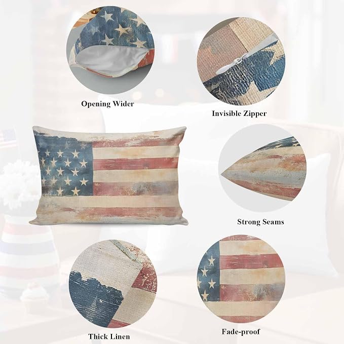 Independence Day Outdoor Pillow Covers 20"x12" Set of 2, Retro Country USA Flag Memorial Day Waterproof Throw Pillow Covers for Patio Furniture, Decorative Cushion Covers for Porch