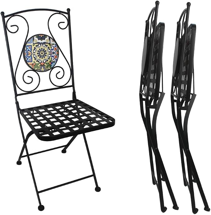 Folding Patio Chairs Set of 2 Mosaic Bistro Chair Outdoor Seating | Garden Patio Furniture Seating Heavy Duty Metal Frame Dining Chairs for Lawn Yard Balcony Porch Backyard Poolside