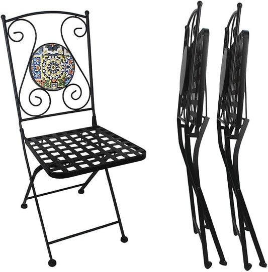 Folding Patio Chairs Set of 2 Mosaic Bistro Chair Outdoor Seating | Garden Patio Furniture Seating Heavy Duty Metal Frame Dining Chairs for Lawn Yard Balcony Porch Backyard Poolside