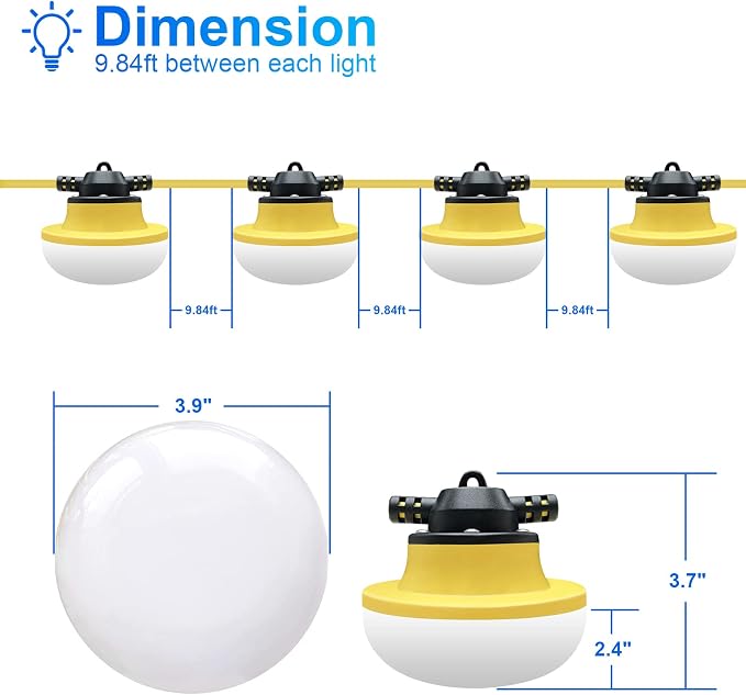 New 100FT Construction String Lights LED Industrial Grade 3Prong | Best for Construction Sites,Renovation, Walkways,Patio,Mine cave,Outdoor Lighting Solutions Use,Free for Climbing Hook