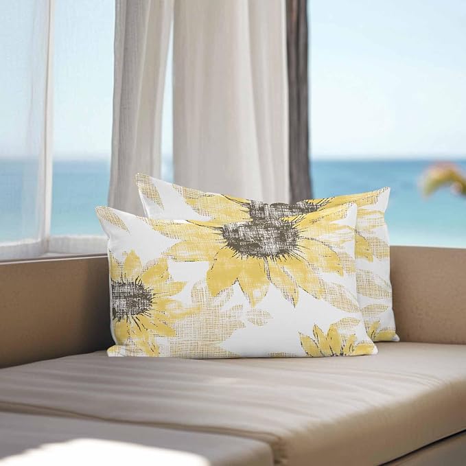 Vandarllin Outdoor Throw Pillows Covers 20x12 inch Set of 2 Waterproof Yellow Sunflower Decorative Zippered Cushion Covers for Patio Furniture, Flower Field Lumbar Pillowcases