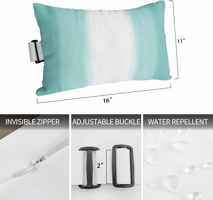 Outdoor Lumbar Pillow Set of 2, Turquoise Ombre Waterproof Beach Headrest Pillow with Inserts, Modern Abstract Art Striped Gradient Recliner Throw Pillows for Patio Furniture, 11 x 16