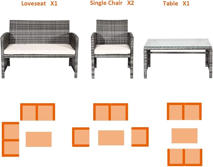 HAPPYGRILL 4 Piece Patio Conversation Set with Soft Cushions Rattan Furniture Set with PE Wicker Coffee Table & Sofa Chairs for Garden Poolside Porch Backyard