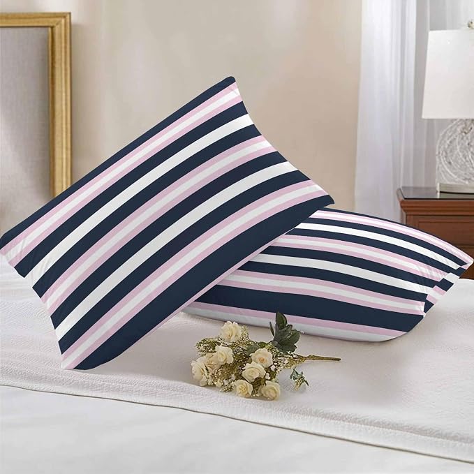 Pink Navy Blue Striped Outdoor Pillow Covers Waterproof, All Weather Cushion Case Set of 2, Minimalist Abstract Lines Artwork Lumbar Pillowcase for Sofa Couch Bed Decor Patio Furniture 20"x12"