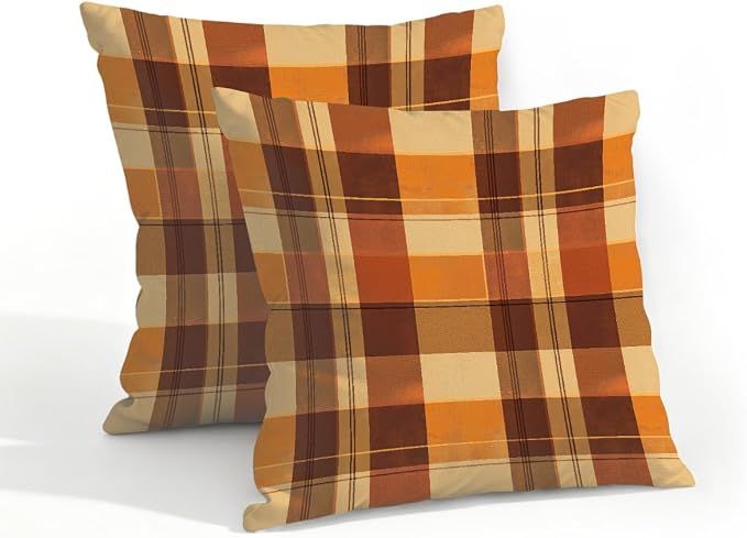 18x18 Inch Outdoor Pillow Covers Set of 2 Waterproof Throw Pillow Covers Decorative Couch Cushion Covers Buffalo Check Orange Square Pillowcases Protectors for Patio Garden Sofa