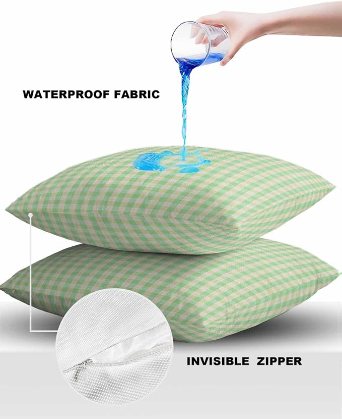 Outdoor Waterproof Throw Pillow Covers Set of 2 Green Buffalo Plaid Pillowcases 20x20 Inches Linen Classic Checked Patio Decorative Pillows Cushion Case Patio Pillows for Couch Bed Chair Garden