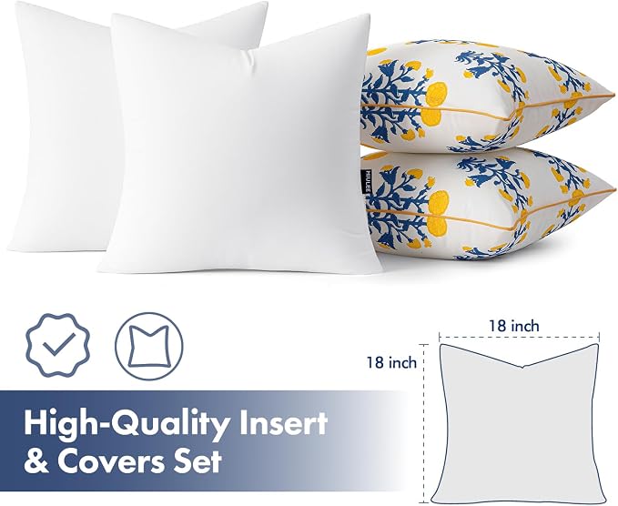 MIULEE Floral Outdoor Pillows Covers with Inserts 18x18 Blue and Yellow | Set of 2 Waterproof Decorative Throw Pillows with Piping,Vintage Fade Resistant, Patio Furniture Summer Garden Couch Sofa