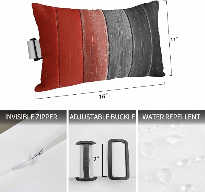 Red Black Ombre Outdoor Pillows for Chaise Lounge Chair Waterproof Lumbar Pillows with Insert&Strap Beach Headrest Pillow Vintage Farmhouse Wooden Recliner Neck Pillow for Patio Pool 11"x16"