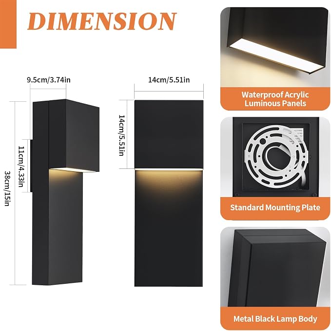 Modern LED Outdoor Wall Sconce, 15'' 20W Outdoor Light Fixtures Exterior Wall Lights, Black LED Front Porch Lights Outside Wall Mount Lighting for House, Backyard, Warm White 3000K, 2 Pack