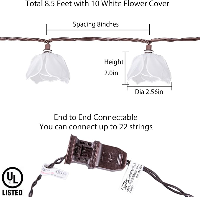 Decorative String Lights Plug in with 10 Bulbs, Flower Garland Fairy Lights Connectable Weatherproof Outdoor Indoor for Wedding Garden Pergola Bedroom Porch Floral Home Decor (White)