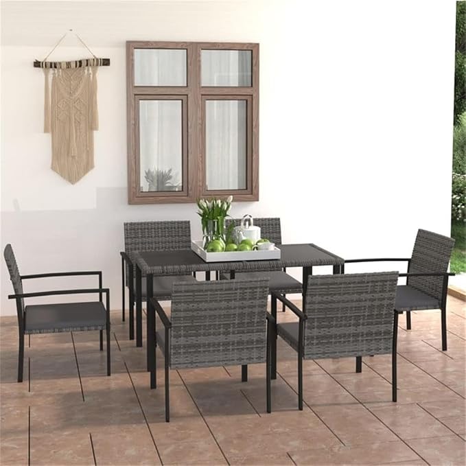 Afuera Living 7-Piece Patio Dining Set, Powder-Coated Steel Frame with Poly Rattan, Gray and Black Cushions, Rectangular Table, Removable Covers, Modern Outdoor Furniture for Garden or Terrace