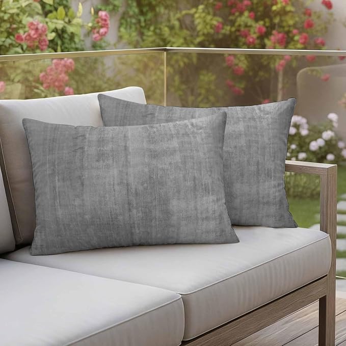 Vandarllin Outdoor Throw Pillows Covers 20x12 inch Set of 2 Waterproof Grey Linen Decorative Zippered Cushion Covers for Patio Furniture, Solid Color Texture Lumbar Pillowcases