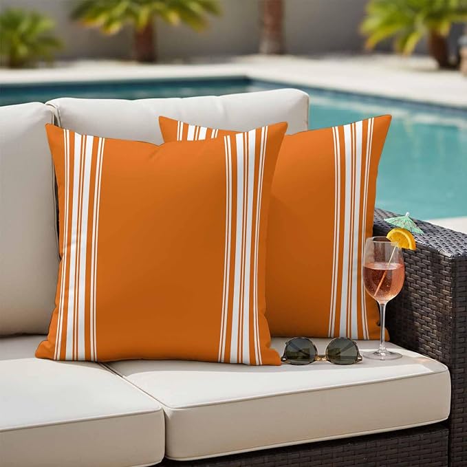 Outdoor Pillow Covers 18x18 Set of 2 Fall Orange Stripes Outdoor Pillows Waterproof Throw Pillow Covers French Stripe Farmhouse Style Pillowcases Decorative Case for Patio Cushion