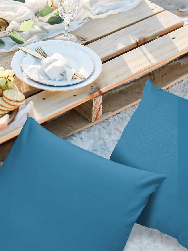 Outdoor Waterproof Throw Pillow Covers Set of 2 Wave Ride Blue Pillowcases 16x16 Inches Solid Color Patio Decorative Pillows Cushion Case Patio Pillows for Couch Bed Chair Garden