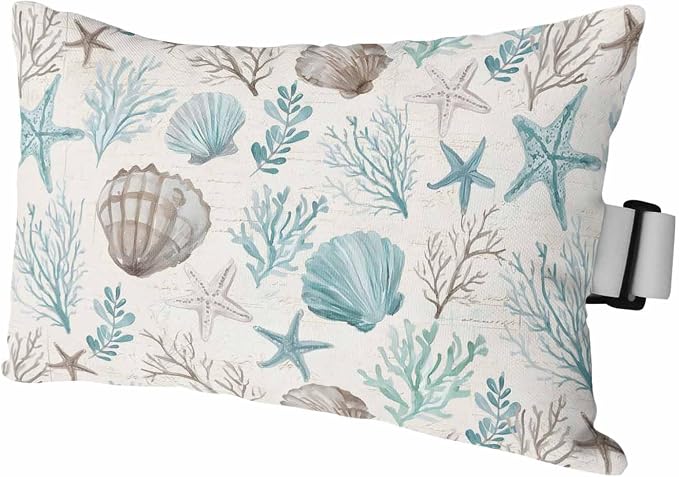 Teal Coastal Outdoor Pillows with Insert 12x20 Inch Summer Starfish Shell Coral Nautical Retro Waterproof Headrest Pillows with Adjustable Strap Lounger Chair Throw for Patio Furnitures , 1 Pack