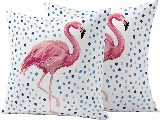 Flamingo Outdoor Waterproof Throw Pillow Covers 24 x 24 Inches Set of 2 Art Flamingo Blue Polka Dots Summer Tropical Decorative Cushion Cover Pillowcase for Garden Patio Tent Beach Sofa Couch
