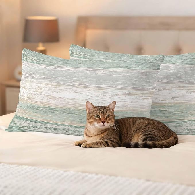 Outdoor Waterproof Throw Pillow Covers, Vintage Sage Green Grey Decorative Pillow Cases, Farmhouse Barn Wooden Striped Couch Pillow Protector Patio Sofa Cushion Covers Replacement 20"x12" 2 Pack