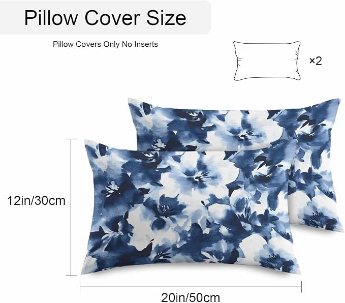 Abstract Watercolor Flower Art Outdoor Pillow Covers Set of 2,Decorative Waterproof Throw Pillow Case, Natural Blue White Floral Cotton Linen Soft Cozy Cushion Pillowcases