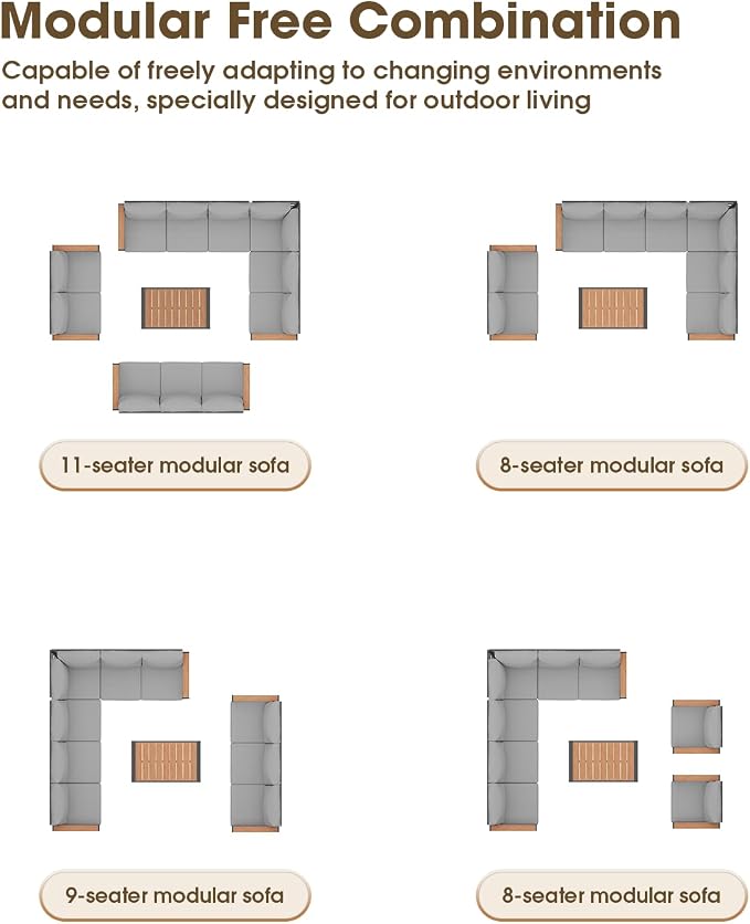 Aluminum Outdoor Patio Furniture Set, 8 Seats Patio Conversation Sets, Oversized Outdoor Sectional with Washable Thick Cushions & Coffee Table for Backyard, Garden and Poolside, Gray