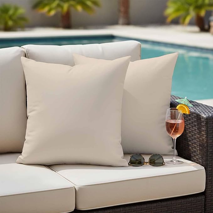 Outdoor Pillow Covers 24 x 24 Inches, Beige Pure Color Waterproof Throw Pillow Cover Set of 2, Aesthetics Contemporary Modern Decorative Square Cushion Covers for Patio/Couch/Garden
