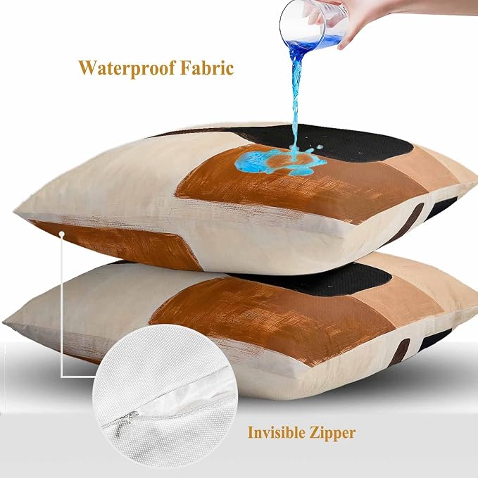 Beige Black Outdoor Waterproof Throw Pillow Covers Set of 2, 24"x24", Brown Abstract Art Graffiti Color Block Modern Decorative Pillow Covers Outside Cushion Case for Patio Porch Garden