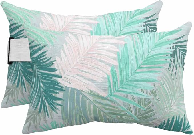 Outdoor Pillows Waterproof Covers Set of 2, Turquoise Palm Leaves Adjustable Elastic Chaise Lounge Head Resting Pillows, Tropical Leaf Plant Lumbar Pillow for Pool Beach Patio Furniture 20x12 Inch