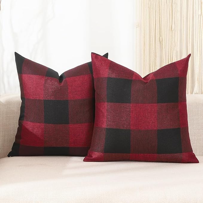 CARRIE HOME Red and Black Christmas Checkered Throw Pillow Covers 16x16 Set of 2 Outdoor Christmas Farmhouse Decor Pillows 16 x 16 for Patio Deck and Couch Sofa (No Pillow Inserts)