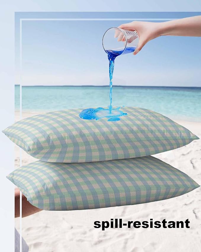 Outdoor Waterproof Throw Pillow Covers Set of 2 Buffalo Plaid Lumbar Pillowcases 20x12 Inches Blue Linen Classic Checked Patio Decorative Pillows Cushion Case Patio Pillows for Couch Bed Chair Garden