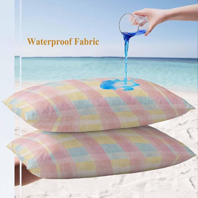 Colorful Plaids Outdoor Waterproof Throw Pillow Covers Set of 2, 20"x12", Pink Blue Yellow Stripes Geometric Rustic Decorative Pillow Covers Outside Cushion Case for Patio Porch Garden