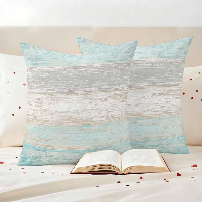 Outdoor Waterproof Throw Pillow Covers, Vintage Teal Grey Decorative Pillow Cases, Farmhouse Barn Wooden Striped Couch Pillow Protector Patio Sofa Cushion Covers Replacement 20"x20" 2 Pack
