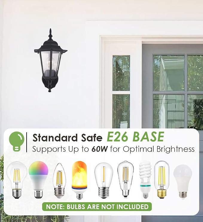 GRUENLICH Outdoor Wall Light Fixture, Rustproof Aluminum, Glass | Exterior Porch Light Wall Sconce Lantern for House, Patio, Garage, Waterproof, E26 Socket 60W Max, Black, 1 Pack