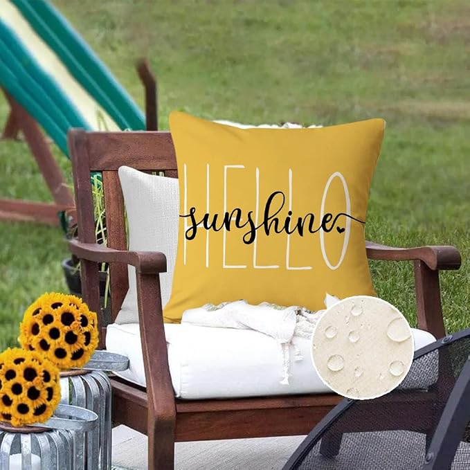 RABUSOFA Outdoor Pillows Waterproof Decorative Throw Pillows,18x18 Inch Hello Sunshine Summer Pillow Covers,Mustard Outdoor Pillow Cases for Patio Furniture(2-18) (18"x18")