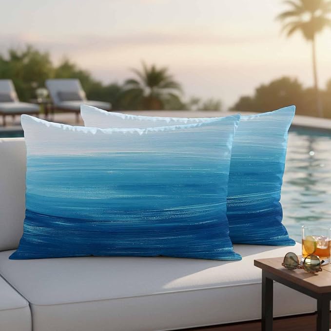 Outdoor Waterproof Throw Pillow Covers, Sky Blue Coastal Decorative Pillow Cases, Nautical Modern Ocean Wave Couch Pillow Protector Patio Sofa Cushion Covers Replacement 20"x12" 2 Pack